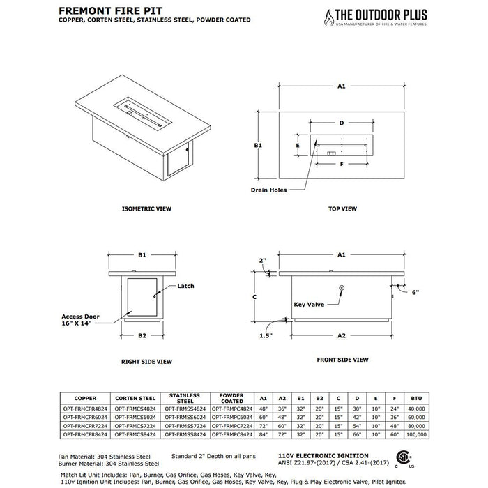 The Outdoor Plus Fremont Metal Rectangular Fire Pit Table