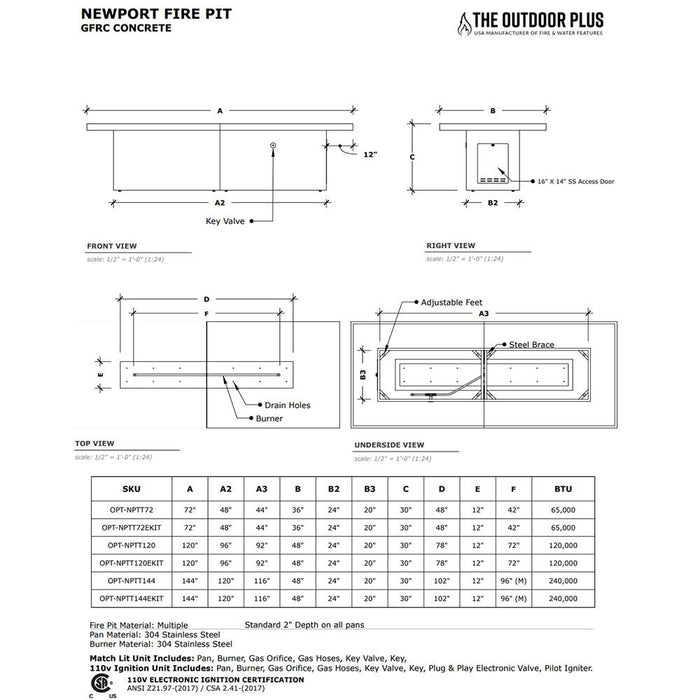 The Outdoor Plus Newport GFRC Concrete Fire Pit Table