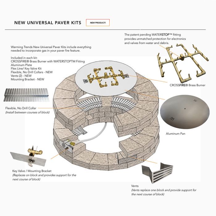 Warming Trends Unilock Sunset 10437 Universal Paver Gas Burner Kit - 240,000 BTU